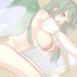  all_fours bouncing_breasts breasts doggystyle green_hair hanging_breasts happy_sex hetero huge_breasts kochiya_sanae long_hair nipples nude open_mouth sex smile solo_focus touhou tro 