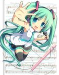  accent_mark aqua_eyes beamed_eighth_notes dotted_quarter_note eighth_note eighth_rest fang green_hair half_note hatsune_miku highres long_hair masaki_(machisora) microphone musical_note natural_sign necktie open_mouth quarter_note sharp_sign sheet_music skirt solo staccato thighhighs time_signature treble_clef twintails very_long_hair vocaloid vocaloid_(lat-type_ver) whole_rest 