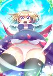  absurdres alice_margatroid amisu arms_behind_back bad_id bad_pixiv_id black_legwear blonde_hair blue_eyes blush bow day flower from_below hairband highres navel open_mouth panties round_teeth sky solo star tears teeth thighhighs thighs touhou tree underwear white_panties wind wind_lift 