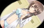  blue_bra blue_panties blush bow bow_bra bow_panties bra breasts brown_eyes brown_hair cleavage dutch_angle hiramatsu_taeko kanden_suki kore_wa_zombie_desu_ka? lingerie locker long_hair looking_at_viewer medium_breasts navel no_pants open_clothes open_mouth open_shirt panties shirt solo twintails underwear undressing 