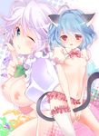  ahoge animal_ears blue_eyes blue_hair blush bottomless bow bowtie braid breasts cat_ears cat_tail covering covering_crotch flat_chest frilled_legwear frills hair_ribbon index_finger_raised izayoi_sakuya kemonomimi_mode lavender_hair looking_at_viewer mike_(mikenekotei) multiple_girls navel nipples no_bra no_panties one_eye_closed open_mouth pussy_juice red_eyes remilia_scarlet ribbon shirt_lift short_hair silver_hair single_thighhigh small_breasts smile tail thighhighs touhou underwear v_arms white_legwear 