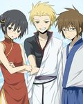  bad_id bad_pixiv_id black_hair blonde_hair blush brown_eyes brown_hair chinese_clothes cosplay crossdressing danshi_koukousei_no_nichijou gintama glasses grin hadanugi_dousa japanese_clothes kagura_(gintama) kagura_(gintama)_(cosplay) kimono long_sleeves male_focus maruki_(punchiki) multiple_boys sakata_gintoki sakata_gintoki_(cosplay) seiyuu_connection shimura_shinpachi shimura_shinpachi_(cosplay) short_hair short_sleeves smile sugita_tomokazu tabata_hidenori tadakuni tanaka_yoshitake 