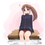  ? bare_legs bath bottomless brown_hair highres jacket knees long_hair long_sleeves looking_at_viewer naked_track_jacket no_panties no_pants onsen ponytail purple_eyes pussy saki saki_achiga-hen sitting soaking_feet solo takakamo_shizuno track_jacket unyon 