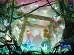  arms_behind_back bad_id bad_pixiv_id blonde_hair brown_hair bug butterfly capelet dress from_behind glowing glowing_eyes hat highres insect maribel_hearn multiple_girls overgrown plant short_hair stone_torii tokoroten_(hmmuk) torii touhou tree trojan_green_asteroid usami_renko vines wading water 