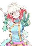  aosa_(momikin) bad_id bad_pixiv_id blue_shirt grin multicolored_hair one_eye_closed pascal polearm red_hair shirt short_hair simple_background smile solo tales_of_(series) tales_of_graces two-tone_hair upper_body v weapon white_background white_hair yellow_eyes 