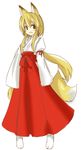  animal_ears blonde_hair fox_ears fox_tail japanese_clothes long_hair miko open_mouth original simple_background smile solo tail white_background yu-ves 