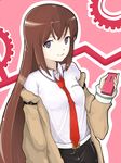  bad_id bad_pixiv_id belt brown_hair cellphone jacket long_hair makise_kurisu necktie phone purple_eyes red_neckwear smile solo steins;gate stromatolith_(jojomgs) very_long_hair 