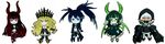  black_gold_saw black_hair black_rock_shooter black_rock_shooter_(character) blonde_hair blue_eyes chariot_(black_rock_shooter) chibi crown dead_master glasses green_eyes green_hair gx27 horns long_hair multiple_girls red_eyes red_hair simple_background strength_(black_rock_shooter) very_long_hair white_background white_hair yellow_eyes 