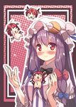  &gt;_&lt; :d ahoge bat_wings blush chibi closed_eyes crescent hat head_wings koakuma long_hair multiple_girls multiple_persona nude o_o open_mouth outline patchouli_knowledge purple_hair red_hair sidelocks smile striped touhou usume_shirou vertical_stripes wings xd 