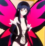  accel_world antenna_hair black_hair bodysuit bug butterfly butterfly_wings center_opening elbow_gloves flat_chest gloves hairband highres insect kuroyukihime leotard long_hair navel red_eyes screencap solo undressing wings 