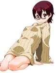  arm_support barefoot body_blush bottomless brown_eyes brown_hair glasses k-on! leaning_back looking_at_viewer manabe_nodoka naked_sweater red-framed_eyewear ribbed_sweater shinama short_hair simple_background sitting solo sweater turtleneck wariza white_background 