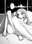  barefoot bed bed_sheet blush bolze greyscale idolmaster idolmaster_(classic) long_hair looking_away lying minase_iori monochrome naked_sheet nude on_back pillow solo toes 