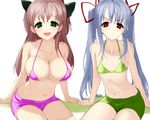  amatsuka_haruka amatsuka_tsurara baby_princess bikini_top blue_hair blush bow breasts brown_hair cleavage flat_chest frown green_eyes hair_bow hair_ribbon kusaka_souji large_breasts long_hair micro_bikini_top midriff multiple_girls navel open_mouth red_eyes ribbon shorts sitting skindentation twintails very_long_hair 