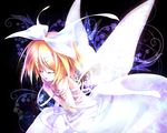  bad_id bad_pixiv_id bellflower blonde_hair bow butterfly_wings closed_eyes covering covering_breasts crossed_arms dress flower hair_bow hair_ornament hairclip highres kagamine_rin off_shoulder short_hair solo ueno_tsuki vocaloid white_dress wings 