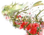  adapted_costume bad_id bad_pixiv_id charin gloves green_hair kazami_yuuka kazami_yuuka_(pc-98) open_mouth plant profile red_eyes short_hair solo torn_clothes touhou traditional_media vines watercolor_(medium) 