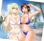  :p armpits bangs bikini blonde_hair blue_bikini blue_sky blush bracelet breast_press breasts brown_eyes brown_hair cleavage day frilled_bikini frills frown groin hug jewelry kazama_asuka kumikouj large_breasts lili_(tekken) makeup midriff multiple_girls navel palm_tree purple_eyes side-tie_bikini sideboob sky swimsuit tekken tongue tongue_out tree underboob v waist_hold white_bikini 