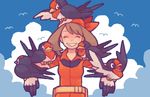  bandana brown_hair closed_eyes drawr gen_3_pokemon haruka_(pokemon) hat ikra_(katacoly) pokemon pokemon_(creature) pokemon_(game) pokemon_rse sky smile taillow 