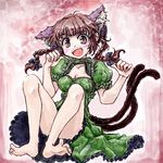  animal_ears barefoot bow braid breasts brown_hair cat_ears cleavage dress extra_ears feet hair_bow kaenbyou_rin multiple_tails nanashii_(soregasisan) open_mouth small_breasts soles solo tail toes touhou twin_braids 