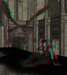  anaglyph attack black_hair boots bracelet building claws disturbed_(artist) dragon face_mask face_paint fangs feral goth hair human imminent_death jewelry leaning male mammal oblivious scalie sitting stereogram teeth unaware vest wings wrist_wear 