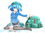  backpack bag belt black_legwear blue_eyes blue_hair checkered checkered_floor excel_(shena) hair_bobbles hair_ornament hammer hat highres kawashiro_nitori key nail pouch short_hair sitting solo thighhighs touhou two_side_up wariza white_background 