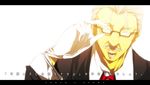  adjusting_eyewear check_translation closed_eyes facial_hair formal glasses gloves goatee highres letterboxed male_focus mustache profile siirakannu silver_hair solo suit touhou translated translation_request 