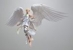  3d angel_(tekken) angel_wings anklet bare_shoulders barefoot blonde_hair circlet dress feathered_wings feathers full_body jewelry simple_background solo tekken tekken_tag_tournament_2 vambraces white_dress wings 