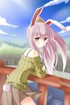  alternate_costume alternate_hairstyle animal_ears bad_id bad_pixiv_id bare_shoulders black_bra blue_sky blush bra bunny_ears bunny_tail cloud day fence forest lingerie long_hair looking_back nagatsuki_shiwasu nature off_shoulder pink_hair ponytail railing red_eyes reisen_udongein_inaba scrunchie shirt skirt sky smile solo tail touhou underwear wind wind_lift 