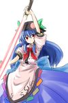  blue_hair bow food fruit hat hinanawi_tenshi long_hair peach red_eyes simple_background smile solo sword_of_hisou touhou white_background yu-ves 