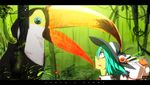  :o alternate_hair_length alternate_hairstyle animal aqua_hair backpack bag bird biting forest frog hat highres hinanawi_tenshi letterboxed nature oversized_animal red_eyes short_hair siirakannu toucan touhou 