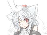  animal_ears blush detached_sleeves inubashiri_momiji one_eye_closed out_of_frame petting red_eyes simple_background solo_focus touhou white_background wolf_ears yu-ves 