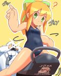  1girl ? beard blonde_hair camera facial_hair green_eyes hair_ribbon highres labcoat long_hair one-piece_swimsuit ponytail popporunga ribbon riding riding_machine rockman rockman_(classic) roll school_swimsuit sidelocks swimsuit taking_picture thomas_light white_hair 