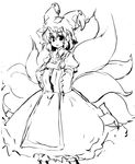  animal_ears fox_tail greyscale hands_in_opposite_sleeves hat long_hair looking_at_viewer monochrome multiple_tails pillow_hat smile solo tail touhou yakumo_ran yu-ves 
