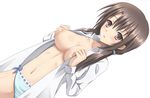  blue_panties blush bow bow_panties breasts brown_eyes brown_hair cleavage dutch_angle hiramatsu_taeko kanden_suki kore_wa_zombie_desu_ka? large_breasts lingerie long_hair looking_at_viewer navel nipples no_bra open_clothes open_mouth open_shirt panties shirt simple_background solo twintails underwear white_background 