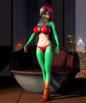  anthro avian big_breasts bikini bird breasts camel_toe chair city claws cleavage clothed clothing female green green_body hair high_heels looking_at_viewer multi-colored_hair night pinup pose skimpy skyscraper solo standing swimsuit vic34677 