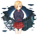  :&lt; blonde_hair earrings graveyard hair_over_one_eye hood hoodie idolmaster idolmaster_cinderella_girls jewelry pleated_skirt purea red_eyes shirasaka_koume short_hair skirt skull sleeves_past_wrists tombstone 