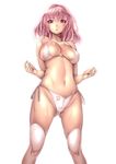  ass_visible_through_thighs bikini breasts groin highres large_breasts navel open_mouth parted_lips pink_eyes pink_hair saburou_(hgmg) saigyouji_yuyuko shiny shiny_skin short_hair side-tie_bikini sideboob simple_background skindentation solo swimsuit thighhighs thighs touhou underwear untying white_background white_bikini white_legwear 