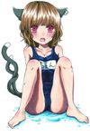  bad_id bad_pixiv_id barefoot blush chen feet highres mutsumi326 no_hat no_headwear one-piece_swimsuit open_mouth puddle school_swimsuit sitting solo swimsuit touhou water wet 