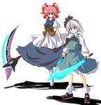  alternate_weapon crossover dual_wielding energy_sword energy_weapon holding konpaku_youmu looking_at_viewer multiple_girls onozuka_komachi phantasy_star phantasy_star_online red_eyes red_hair short_hair simple_background smile sword touhou weapon white_background yu-ves 