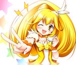  ;d blonde_hair blush bow bowtie brooch choker cure_peace eyelashes hair_flaps hair_ornament happy jewelry kise_yayoi long_hair magical_girl one_eye_closed open_mouth orange_choker orange_neckwear ponytail precure rainbow_order skirt smile smile_precure! solo star taroimo v white_background wrist_cuffs yellow yellow_bow yellow_eyes yellow_skirt 