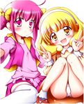  :d bare_legs blonde_hair bow casual double_v hair_bow hairband hoshizora_miyuki kise_yayoi mary_janes multiple_girls open_mouth panties pantyshot pantyshot_(sitting) pink_eyes pink_hair pink_vest precure shirt shoes short_hair short_twintails sitting skirt smile smile_precure! taroimo thighhighs twintails underwear v vest white_background white_hairband white_legwear white_panties yellow_eyes 