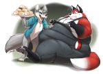  anthro artfulreggie barefoot belly big_belly black_fur bottomless bread canine claws clothed clothing dipstick_tail duo ear_piercing food fox fur gillpanda grey_fur hand_on_stomach holding_object hyper hyper_belly love_handles male mammal moobs morbidly_obese multicolored_tail nervous obese obese_male open_mouth open_smile overalls overweight overweight_male pawpads piercing red_fur simple_background sitting smile standing teaselbone_(character) teeth thick_thighs toe_claws tongue torn_clothing tray white_fur wolf 