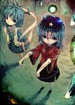  blue_eyes blue_hair dress hair_rings hat jiangshi kaku_seiga koohee miyako_yoshika multiple_girls ofuda outstretched_arms short_hair touhou zombie_pose 