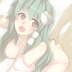  1girl blush breasts doggystyle green_hair happy_sex hetero kochiya_sanae large_breasts long_hair nipples nude open_mouth sex sketch smile solo_focus touhou tro 