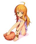  :t ahoge anklet bad_id bad_pixiv_id barefoot blonde_hair bracelet breasts cleavage green_eyes hoshii_miki idolmaster idolmaster_(classic) jewelry long_hair necklace pout shorts sitting small_breasts solo strap_slip stuffed_toy tougyuu_yukio 