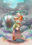  :d alternate_costume aqua_eyes aqua_hair blush boots cape cloud flower hair_flower hair_ornament hatsune_miku highres hydrangea kiitos long_hair microphone open_mouth orange_footwear puddle rubber_boots scrunchie shirt shorts sky smile solo twintails umbrella vocaloid water 