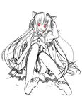  1girl animal_ears barefoot blush cat_ears dress feet greyscale hand_in_hair hayakawa_harui kemonomimi_mode kuroshiba_kanae legs lineart long_hair monochrome open_mouth panties pantyshot pantyshot_(sitting) red_eyes sitting soles solo spot_color underwear 