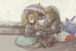  1girl agitha apple belt blonde_hair blue_eyes dress earrings food fruit gloves gothic_lolita hat jewelry link lolita_fashion pendant pointy_ears shield sitting sword the_legend_of_zelda the_legend_of_zelda:_twilight_princess twintails umbrella weapon yo_mo 