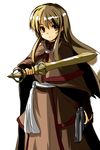  brown_hair gun long_hair megami_tensei megami_tensei_ii robe simple_background solo weapon white_background yu-ves 