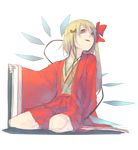  alternate_costume blonde_hair flandre_scarlet haruba_negi highres japanese_clothes long_hair red_eyes ribbon side_ponytail sitting sketch smile solo touhou transparent_background wings 