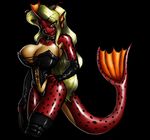  big_breasts blonde_hair boots breasts cleavage clothed clothing collar corset crossgender female fins godzilla_(series) hair kaiju looking_at_viewer marauder6272 marine pose red_eyes shiny solo standing thong titanna titanosaurus whip 